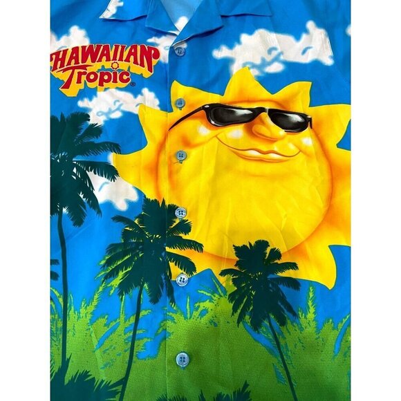 Hawaiian Tropic Aloha Sun Palm Trees Mens Short Sleeve Button Up Shirt M Blue - Picture 2 of 5